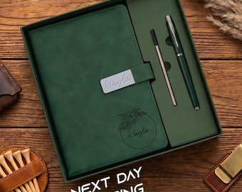 Set de diario de cuero personalizado, cuaderno personalizado con la flor de nacimiento y bolígrafo, regalo de cumpleaños para ella, regalo de flor del mes de nacimiento, regalos de graduación