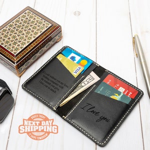 Billetera delgada personalizada, regalo del día del padre, billetera grabada, regalo de aniversario para él, billetera para padrinos de boda, billetera de cuero, regalo para él