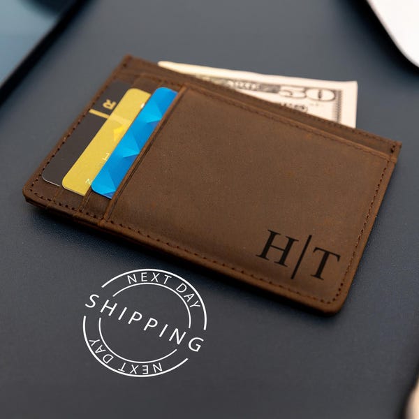 Cartera minimalista de cuero, tarjetero delgado, tarjetero personalizado, billetera delgada de cuero, tarjetero personalizado, regalo de cumpleaños para él