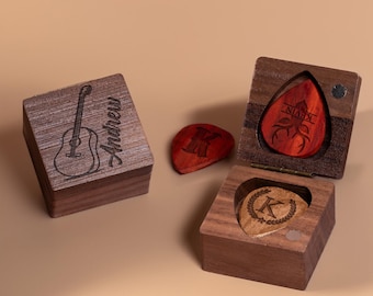 Custom Wooden Guitar Picks Box, Personalized Guitar Pick Holder Storage, Wood Guitar Plectrum Organizer Case, Fathers Day Gifts