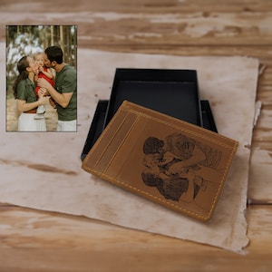 Billetera delgada personalizada, regalo del día del padre, regalos de aniversario para él, billetera con imagen grabada, billetera de cuero, regalo de recuerdo, regalo para él