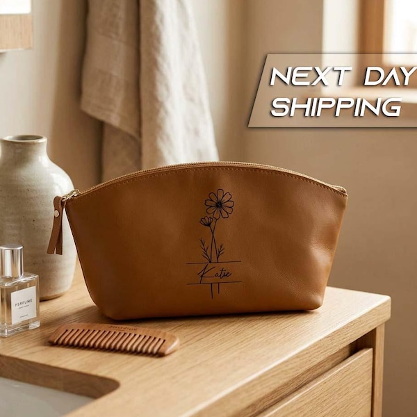 Personalized Floral Leather Makeup Bag, Custom Cosmetic Pouch, Engraved Name Cosmetic Bag, Bridesmaid Gifts,