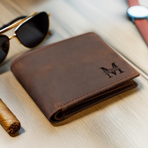 Cartera de cuero personalizada con RFID, cartera de cuero genuino grabada, regalo de aniversario para él, hombre, padre, esposo, novio