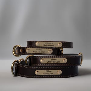 May include: Four stacked brown leather dog collars with gold-colored hardware. Each collar has a gold nameplate with engraved text: "Cinnamon Microchipped", "Franklin (012)-345-6789", "Gunner (123)-456-7890", and "FREYA I'M FRIENDLY".