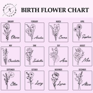 Puede incluir: Un gr&aacute;fico con la flor de nacimiento para cada mes del a&ntilde;o. El gr&aacute;fico est&aacute; dividido en 12 cuadrados, cada uno con una flor diferente y el nombre del mes. Las flores est&aacute;n dibujadas en tinta negra sobre un fondo rosa claro. Los nombres de los meses est&aacute;n escritos en texto negro. Los nombres de las flores est&aacute;n escritos en texto negro debajo de las flores.
