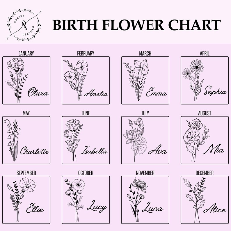Puede incluir: Un gr&aacute;fico con la flor de nacimiento para cada mes del a&ntilde;o. El gr&aacute;fico est&aacute; dividido en 12 cuadrados, cada uno con una flor diferente y el nombre del mes. Las flores est&aacute;n dibujadas en tinta negra sobre un fondo rosa claro. Los nombres de los meses est&aacute;n escritos en texto negro. Los nombres de las flores est&aacute;n escritos en texto negro debajo de las flores.