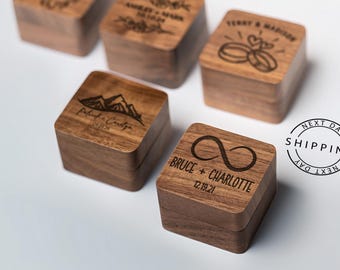Custom Wooden Wedding Ceremony Ring Box, Personalized Engraved Engagement Ring Box, Square Ring Bearer, Anniversary,Proposal Ring Box Holder