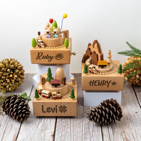 Musical Wooden Train Bears Baloons, Engraved Name Music Box, Personalized Wooden Train Music Box, Baby Shower Gift, Newborn Gifts