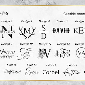May include: A chart showing 14 different monogram designs and 6 different font styles. The designs include initials, names, and decorative elements like antlers and flowers. The fonts include Times New Roman, Rightwood, Rossa, Corbel, Austria, and Cardinal.