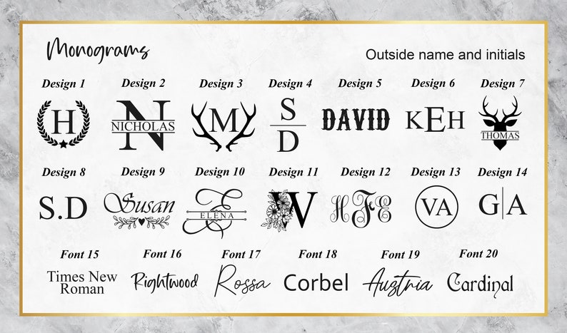 May include: A chart showing 14 different monogram designs and 6 different font styles. The designs include initials, names, and decorative elements like antlers and flowers. The fonts include Times New Roman, Rightwood, Rossa, Corbel, Austria, and Cardinal.