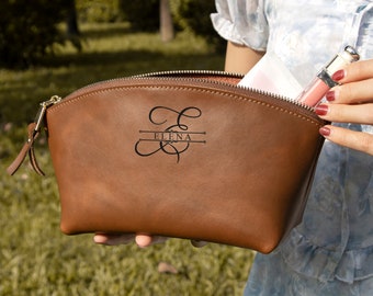 Personalized Makeup Bag, Mothers Day Gift, Genuine Leather Makeup Bag, Custom Makeup Bag, Gift for Her, Birthday Gift for Mom