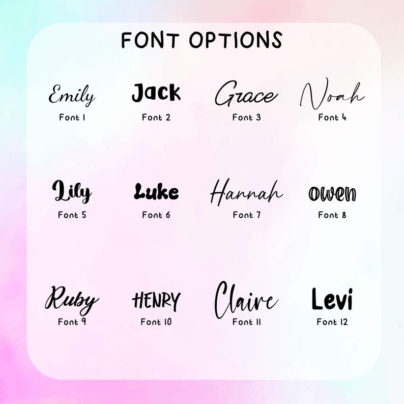 Może przedstawiać: Grafika prezentująca opcje czcionek do spersonalizowanych projekt&oacute;w. Tekst "FONT OPTIONS" znajduje się na g&oacute;rze. Pokazano dwanaście r&oacute;żnych czcionek, każda z nazwą i numerem czcionki. Nazwy to Emily, Jack, Grace, Noah, Lily, Luke, Hannah, Owen, Ruby, Henry, Claire i Levi.