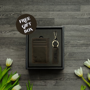Regalo de aniversario personalizado para él, juego de billetera delgada y llavero, regalos de San Valentín para esposo, regalo de San Valentín para él