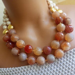 Agate - Pearl Natural Stone Beaded Necklace, Unique Jewelry with Big Milky Brown Gemstone, Handmade Gift Necklace for Women