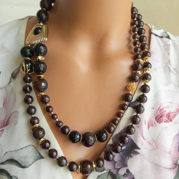 Handmade Burgundy Garnet Stone Necklace: Long Multi-row Gemstone