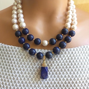 Handmade Lapis Lazuli & Baroque Pearl Necklace: Navy Blue Gemstone Jewelry