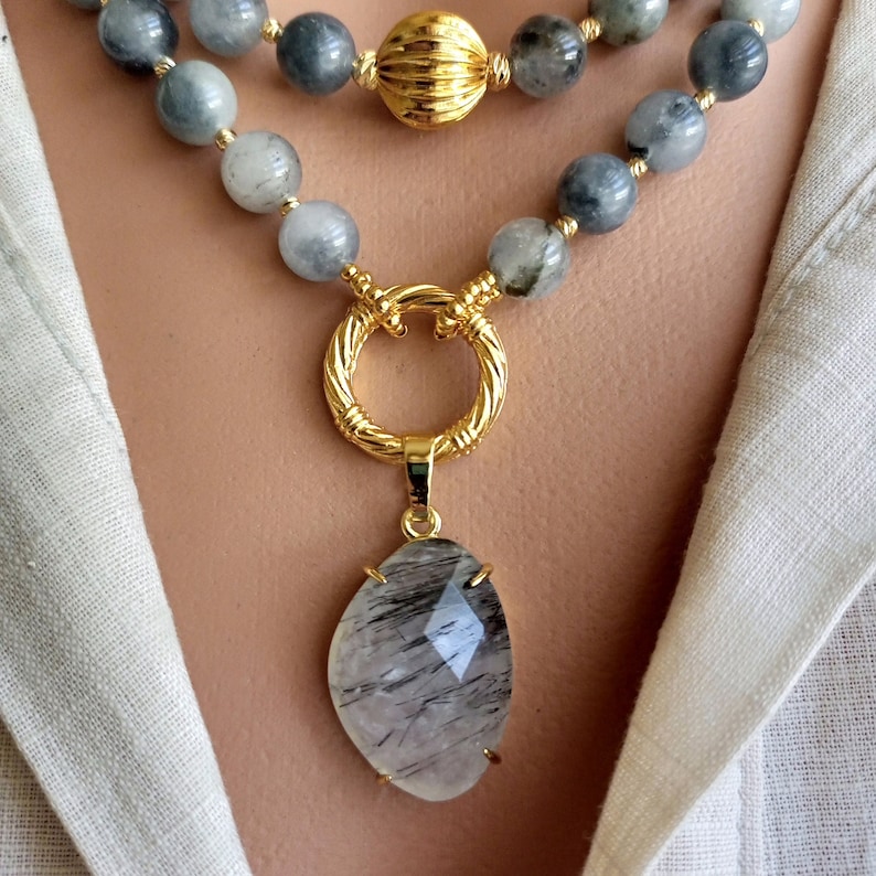 Agate Necklace, Boho Style Unique Pendant Jewelry, Special Handmade Gray Beaded Necklace for Women, Handmade Gemstone Mother's Day Gift zdjęcie 4