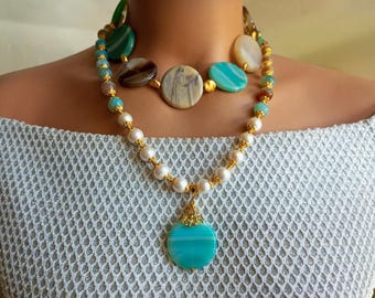 Gargantilla grande de ágata azul y perla: joyería única con cuentas de piedra natural