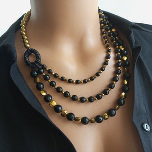 Onyx and Hematite Necklace, Handmade Natural Stone Jewelry, Multi-Strand Beaded Necklace, Statement Necklace for Women, Anniversary Gift