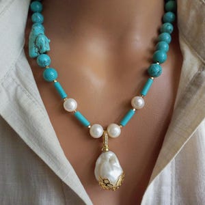 Türkis Naturstein Perlen Halskette, handgemachte große Edelstein Barock Perle Anhänger Schmuck für Frauen, ideale Geschenk Wahl