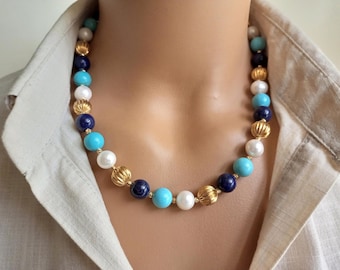 Lapis Türkis Perle Perlenkette: Handgemachter Edelstein Statement Schmuck