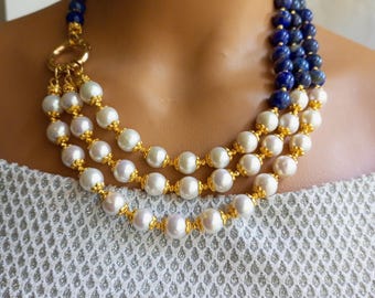 Multi-Strand Pearl and Lapis Necklace  Navy Blue & White Natural Stone Elegance Jewelry