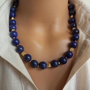 Lapis Lazuli  Unique Necklace, Handmade Statement Chunky Big Dark Blue Gemstone Beaded Jewelry, Natural Stone Gift for Women
