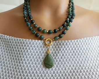 Moss Agate Beaded Necklace: Handmade Green Pendant Jewelry, 18 inch