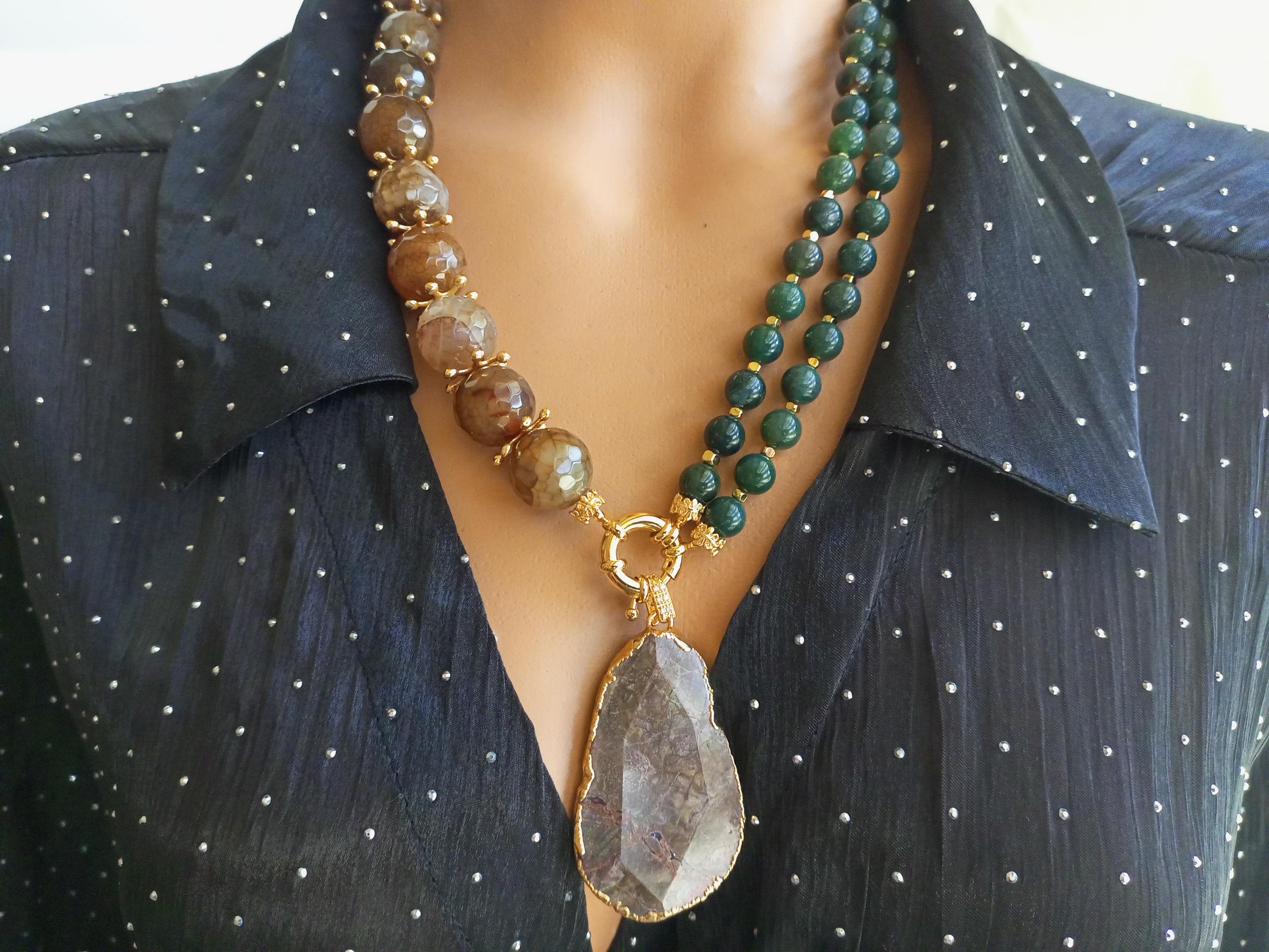 Handmade Agate Beaded Necklace: Green & Brown Natural Stone Jewelry