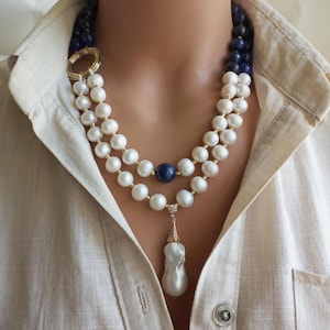 Pearl and Lapis Lazuli Natural Stone Beaded Necklace, Handmade Unique Blue Gemstone Jewelry, Statement Gift for Women for Special Occasions