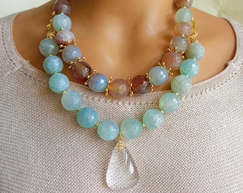 Handmade Agate Beaded Necklace Bracelet Set: Natural Stone Statement Jewelry