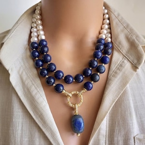 Lapis Lazuli and Pearl Necklace - Handmade Zircon Big Blue Gemstone Jewelry - Unique Elegant Natural Stone Gift Accessory for Women
