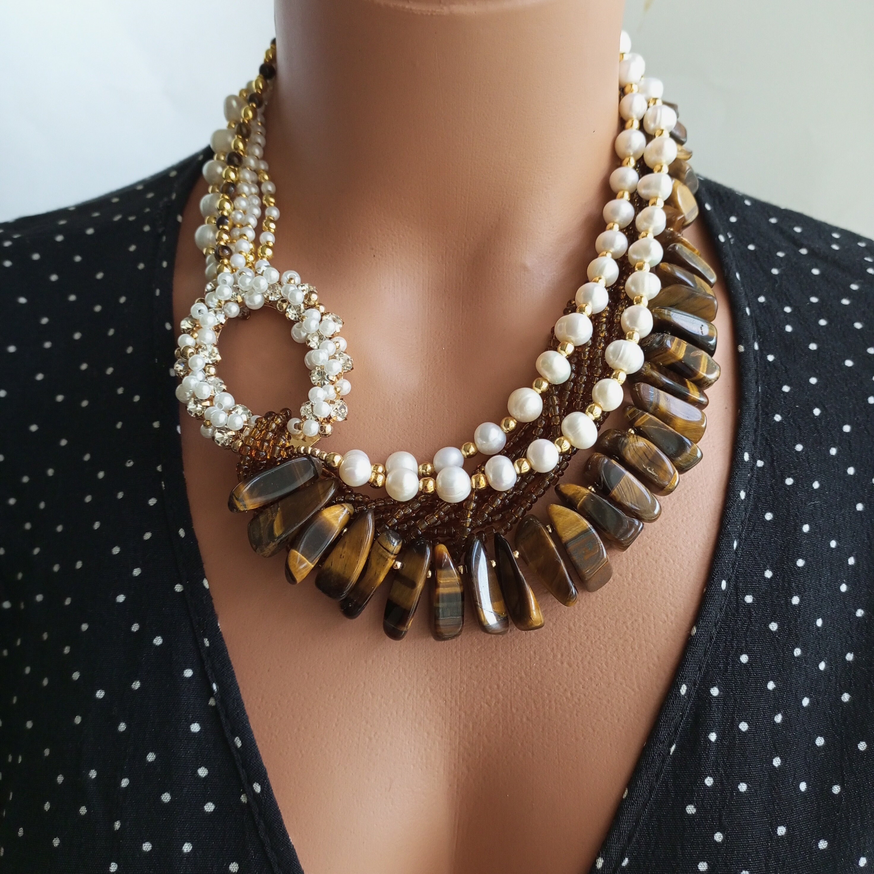 Pearl and Tiger Eye Necklace, Handmade Unique Beaded Necklace, Natural Stone Jewelry, Multi-Strand Gemstone Jewelry, Birthday Gift