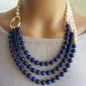 Pearl and Lapis Lazuli Necklace, Handmade Statement Navy Blue Gemstone Beaded Jewelry for Women, Layered Special Occasion Gift
