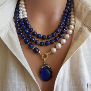 Lapis Lazuli - Pearl Statement Necklace, Handmade Unique Multi Strand Gemstone Jewelry, Bold Gift for Birthdays, Anniversaries and Christmas