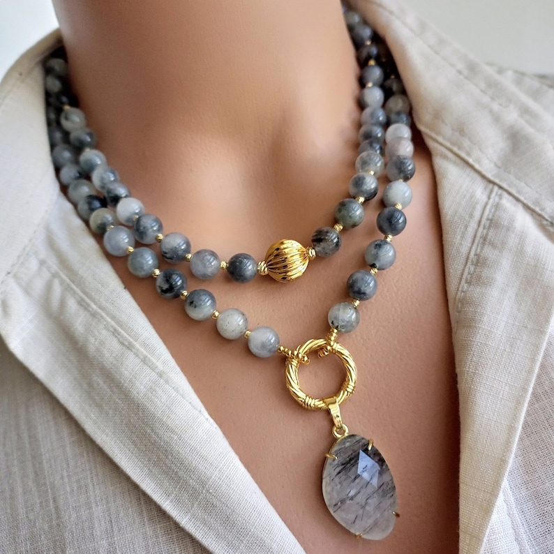 Agate Necklace, Boho Style Unique Pendant Jewelry, Special Handmade Gray Beaded Necklace for Women, Handmade Gemstone Mother's Day Gift zdjęcie 1