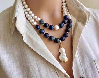 Lapis Lazuli - Pearl Necklace, Charm Gemstone Jewelry for Women, Necklace Optional Accessories, Wedding Gift Handmade Natural Stone Necklace