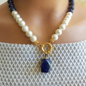 Lapis Lazuli Pearl Necklace: Navy Blue Gemstone Choker