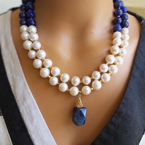 Handmade Pearl Lapis Lazuli Necklace: Gemstone Beaded Jewelry