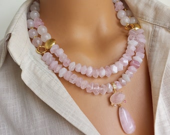 Pink Quartz Necklace, Unique Handmade Statement Necklace, Delicate Stone Pendant, Quartz Natural Stone Beaded Jewelry, Mother's Day Gift