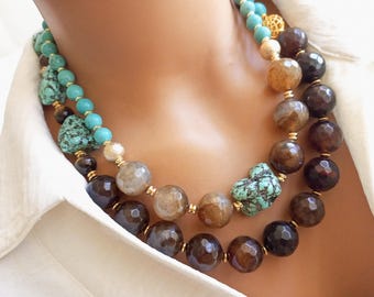 Handmade Turquoise & Tiger Eye Beaded Necklace: Boho Gemstone Jewelry