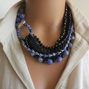 Multi Strand Sodalite Beaded Necklace, Handmade Statement Necklace for Women, Zircon Stone and Blue Natural Stone Jewelry, Gift for Women
