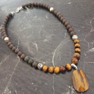 Agate and Tiger Eye Necklace, Handmade Brown Men&#39;s Pendant Natural Stone Beaded Jewelry, Gift for Men