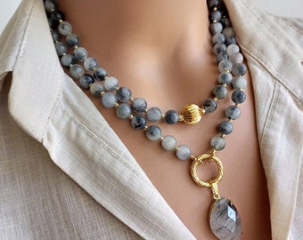 Handmade Agate Pendant Necklace: Boho Gray Beaded Gemstone Jewelry
