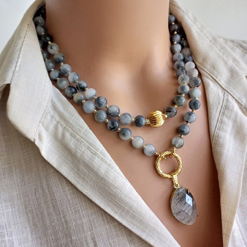 Agate Necklace, Boho Style Unique Pendant Jewelry, Special Handmade Gray Beaded Necklace for Women, Handmade Gemstone Mother's Day Gift zdjęcie 9