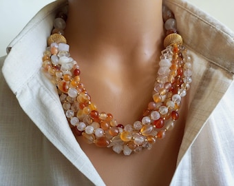 Chunky Crystal Quartz Agate Necklace: Multi Strand Gemstone Jewelry