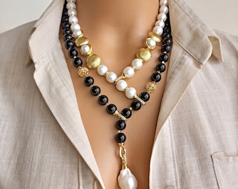 Pearl - Onyx Necklace, Real Premium Quality Stone Necklace, Handmade Unique Statement Beaded Jewelry for Women, Gift for Her