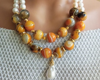Baroque Pearl Necklace and Bracelet Set, Orange Jade Jewelry