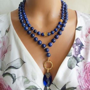Lapis Lazuli Chunky Beaded Necklace, Handmade Dark Blue Natural Stone Unique Jewelry for Women, Gemstone Statement Gift for Her