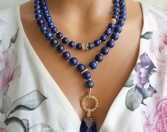 Handmade Lapis Lazuli Beaded Necklace: Gemstone Statement Jewelry